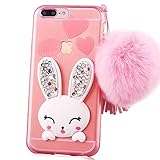 Iphone 7 plus case, Sunroyal Slim Soft Transparent TPU Crystal Clear 3D Cute Cartoon Rabbit [Bling Diamond Silicon Ear] Case with Hairball Pompon Wrist Strap Wristlet For iPhone 7 Plus 5.5" Pink