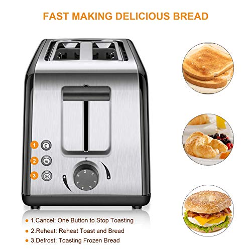 2 Slice Toaster, Compact Brushed Stainless Steel Toasters with Warmer Rack, Defrost Reheat Cancel Button with 7 Browning Settings and Removable Crumb Tray