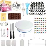 95 pcs Cake Decorating Supplies Kit by Cake Decorating District - includes 48 Icing Tips - Silicone Pastry Bag and Disposable Bags - Spatula Scraper Cutter - Turntable - Silicone Chocolate Candy Mold