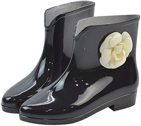 Women's Waterproof Rubber Jelly Anti-slip Rain Boot Buckle Ankle High Rain Shoes Black Flower US 7