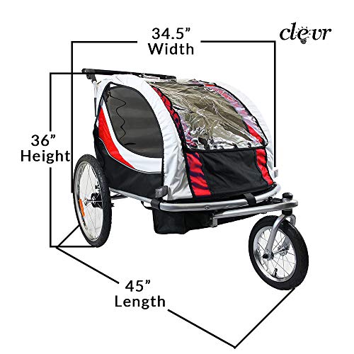 Clevr Deluxe 3-in-1 Double 2 Seat Bicycle Bike Trailer Jogger Stroller for Kids Children | Foldable w/Pivot Front Wheel, Red - Thumbnail 5
