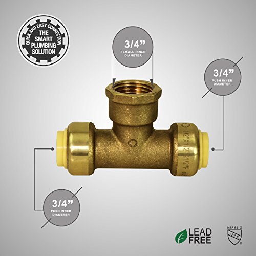 Pushlock UPCTF34 Tee x Female Pipe Fittings Push to Connect Pex Copper, CPVC, 3/4 Inch, Brass, 3/4" - Thumbnail 4