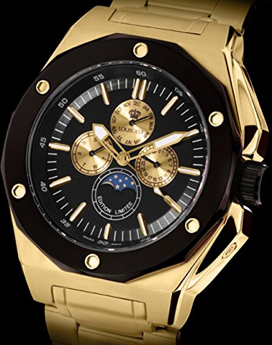 LOUIS-XVI-Herren-Armbanduhr-Le-Souverain-Stahlband-Gold-Schwarz-Mondphase-Analog-Quarz-Edelstahl-626