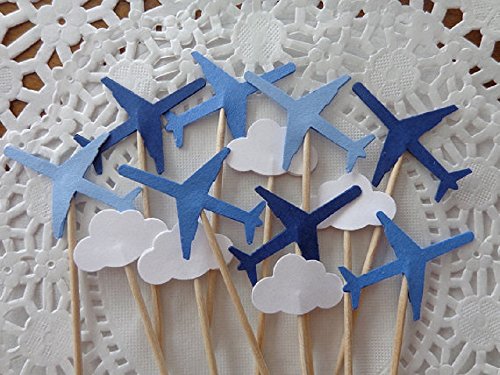 Blue Airplanes and Small Cloud Cupcake Toppers - Navy Blue Medium Blue and Light Blue Planes - Party Picks - Jet Food Picks - (Set of 24) - Thumbnail 4
