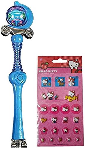 Best Theme Park and Party Magical Light up Flashing, Blinking Spectra Spinner Toy Wand with Long Handle and 1 Licensed Puffy Hello Kitty Stickers in 2D for Kids Age 3 and Up (Blue)