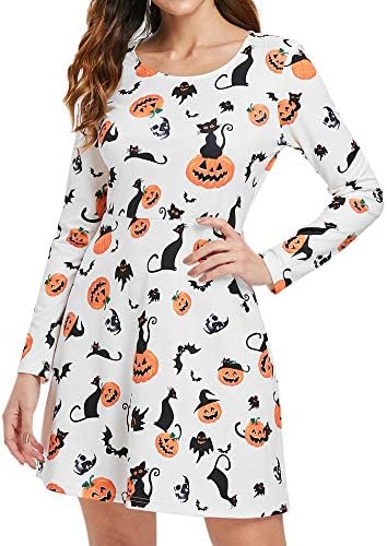 Women Vintage Medieval Dress, ZHMEI Women Halloween Long Sleeve O-Neck Pumpkin Printed Club Party Mini Dress|Halloween Evening Prom Costume Swing Dress