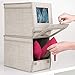 mDesign Fabric Home Storage Box Bin - Clear Window, Hinged Lid - Holder for Men's and Women's Dress Shoes, Boots, Pumps, Sandals, Flats - Modern Closet Organizer Solution - Medium, 4 Pack - Linen/Tan