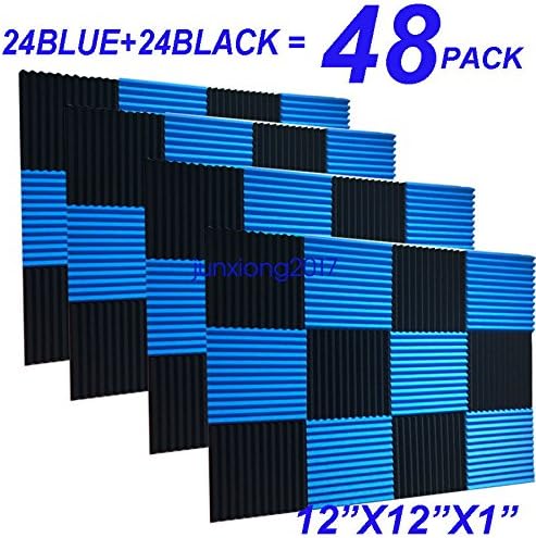 48 Pack BLACK Blue Acoustic Foam Panel Wedge Studio Soundproofing Wall Tiles 12" X 12" X 1"