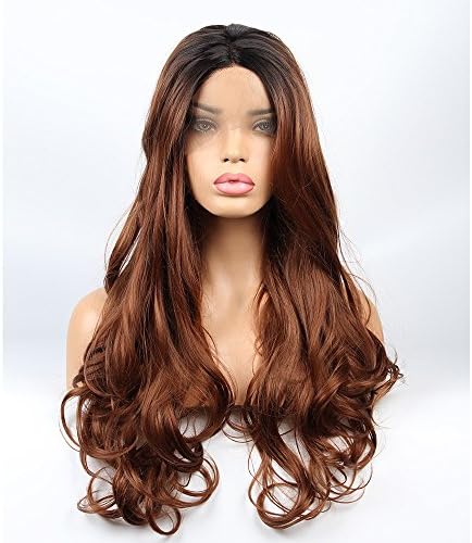 vvBing Synthetic Long Lace Front Wigs Glueless Auburn 2 Tones Ombre Dark Roots to Brown Auburn Wig Wave Hair Heat Resistant Fibers Middle Parting With Natural Hairline 24inch