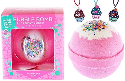 Girls Birthday Surprise Bubble Bath Bomb with Surprise Kids Necklace Inside by Two Sisters Spa. XL Large Lush Fun Spa Fizzy Gift. 99% Natural. Kid Friendly. USA Made. Pink Color, Cupcake Scent.