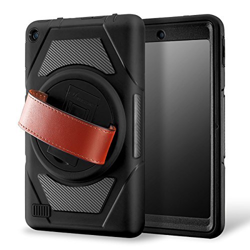 eSamcore Amazon Fire 7 Inch Tablet case, Full Body Protective Case With Built in Screen Protector and rotating Leather Hand Strap For Kindle Fire 7 [5th Generation 2015 release] [BLACK/BLACK]