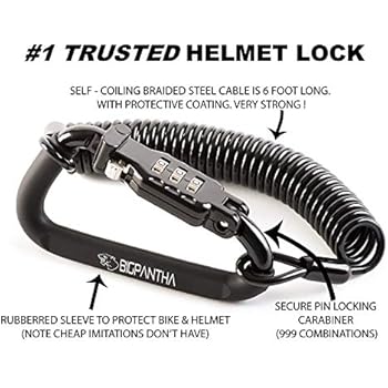 Motorcycle Helmet Lock & Cable. Sleek Black Tough Combination PIN Locking Carabiner Device Secures Your Motorbike, Bicycle or Scooter Crash Hat (and Jacket) to Your Bike.