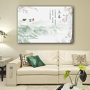 Chinese Ink Painting Style Spring Landscape with Mountains and Swallows