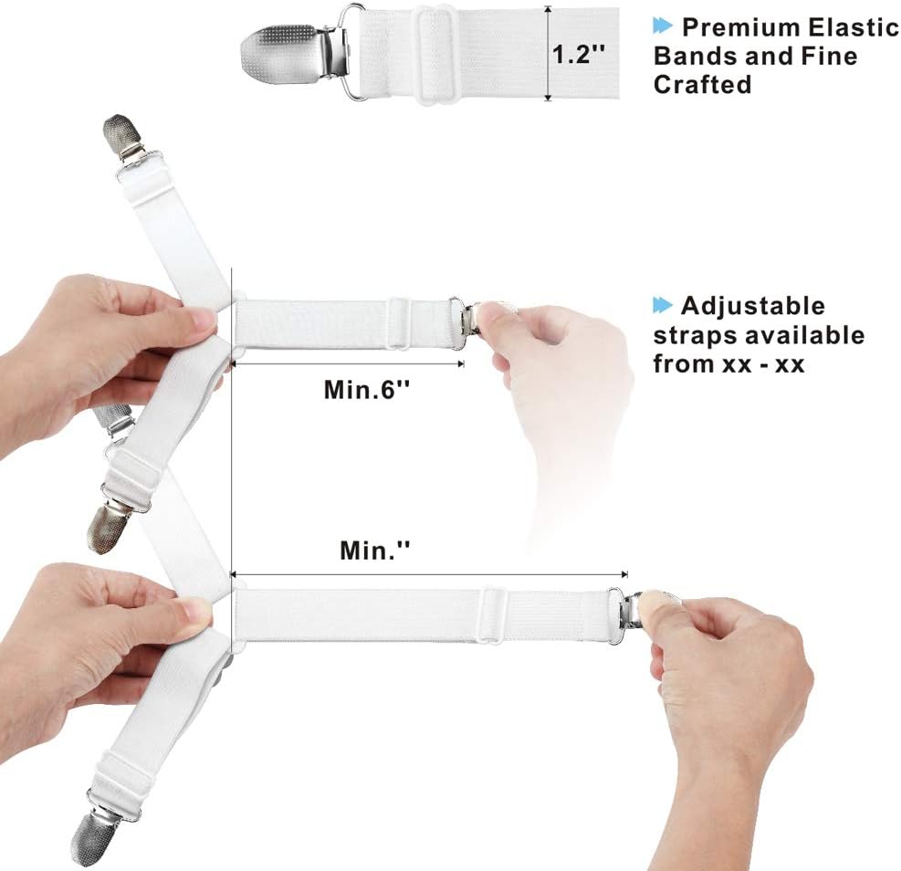 Tomata Adjustable Bed Sheet Fasteners, Triangle Non-Slip Elastic Holder Straps Corner Clips with Heavy Duty Grippers Clips (Set of 4 - White): Home & Kitchen