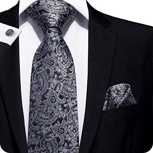 Hi-Tie Men Black Floral Pattern Paisley Tie Necktie with Cufflinks and Pocket Square Tie Set