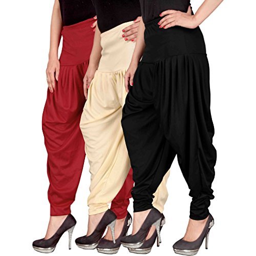 navyataa women's lycra dhoti pants for women patiyala dhoti lycra salwar pant free size (pack of 3) red, cream & black