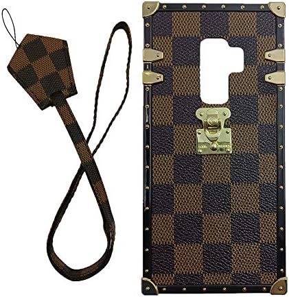 jiehao Samsung Galaxy S9 Plus S9+ Case, Vintage Elegant Luxury Designer Lattice PU Leather Back with Lanyard Soft Bumper Shock Absorption Trunk Case for Galaxy S9 Plus 6.2", Brown