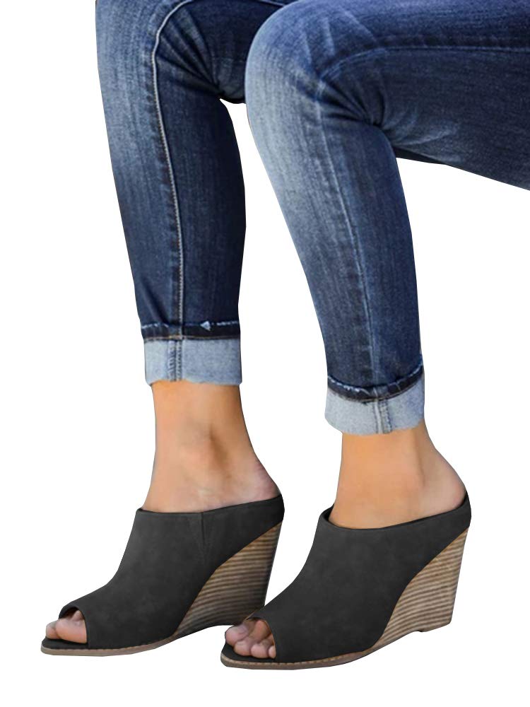 Women’s Wedge Mules Peep Toe Slide-On Stacked Heel Slingback Faux Suede Dress Summer Sandals - Image 4