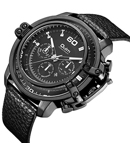 Men's Leather Watch Multifunction Double Mirror Waterproof Men's Quartz Watch (Black)