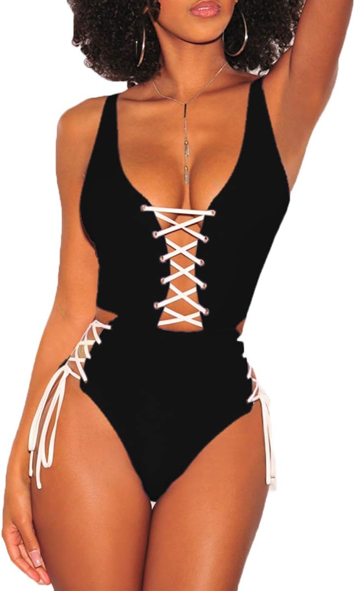 LEISUP Straps Lace Up Low Cut Removable Pad Thong Monokini Beachwear for Women,L Black