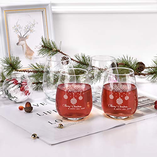 Merry Christmas Stemless Wine Glass Gift for Women Friends, 15 Oz Funny Stemless Wine Glasses Set, Perfect Christmas Gift Idea for Mom Wife Girlfriend Sister Wedding Birthday Party, Set of 4