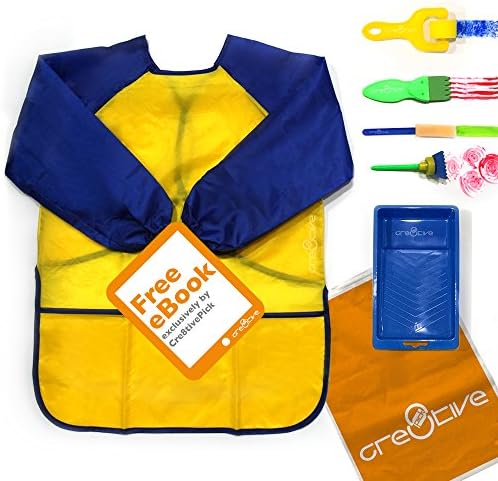 Cre8tivePick kids art & craft, waterproof art smock for kids, e-book guide + 1 apron + 5 art tools included, early learning painting tools, long sleeve waterproof apron with 3 roomy pockets.