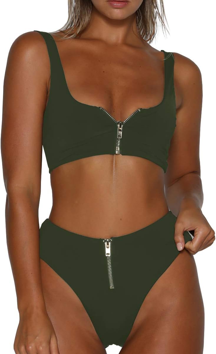 VNOOK Women's Zipper Front High Waisted High Cut Two Piece Bikini Sets Swimsuit