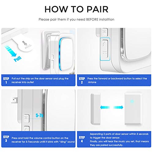 Door Sensor Chime Alarm System Wireless for Home Security, Coolqiya Entry Bell Alert 600FT Operating Range With 4 Volume Levels, 1 Door Sensor + 1 Plug-in Receiver(White)