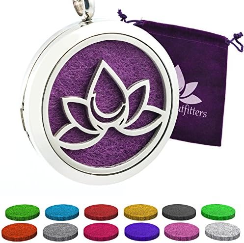 Essential Oil Lotus Flower Diffuser Necklace. Aromatherapy Fragrance Lotus Pendant with 12 Felt Perfume Pads. Stainless Steel Magnetic Locket Includes Bonus Design Gift Bag