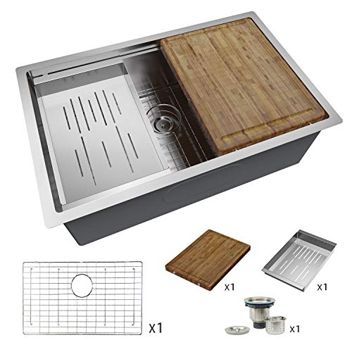 TORVA 30-Inch Workstation Undermount Stainless Steel Kitchen Sink, 16 Gauge Single Bowl Sinks with Basin Rack, Colander, Cutting Board, and Basket Strainer