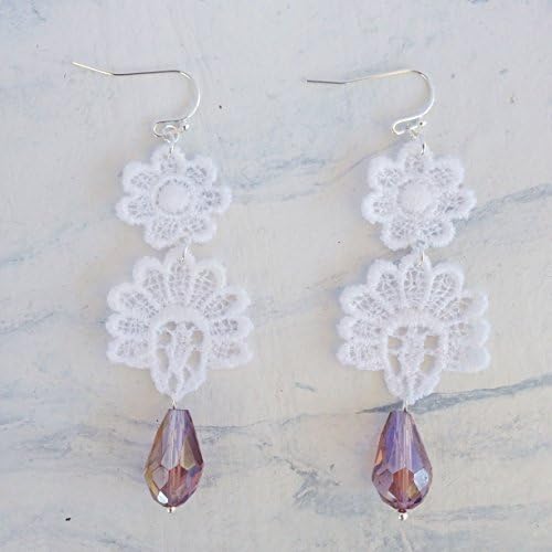 Silver Plated White Flower Lace Earrings with Iridescent Purple Mauve Teardrop Crystals