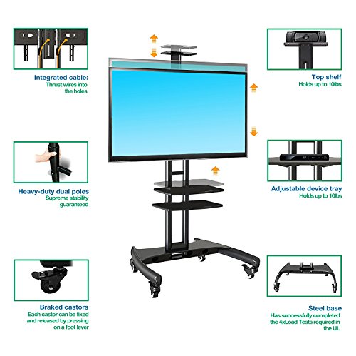 NB North Bayou Mobile TV Cart TV Stand with Wheels for 32 to 65 Inch LCD LED OLED Plasma Flat Panel Screens up to 100lbs AVA1500-60-2P (Black 2 Shelves)
