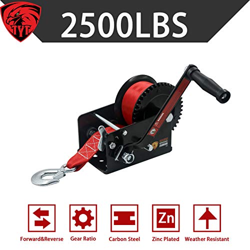TYT New 2500lbs Hand Winch Crank Gear Winch with Strap, Manual Winch with High Carbon Steel, 8M Strap Boat Trailer Winch, 4:1 8:1 Gear Ratio Boat Winch for ATV SUV UTV (Black Winch and Red Strap) - Image 8