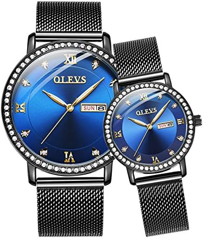 OLEVS His and Hers Blue Black Diamond Couple Wrist Watches Set, Date Waterproof Black Mesh Steel Watches Love Valentines Gifts