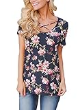 ZKESS Women Casual See Through Floral Print Short Sleeve Crisscross Front V Neck Blouse Tops
