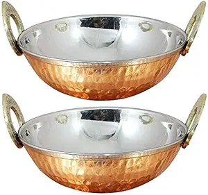 Set of 2, Indian Copper Serveware Karahi Vegetable Dinner Bowl with Handle for Indian Food, Diameter 13 Cm Approx