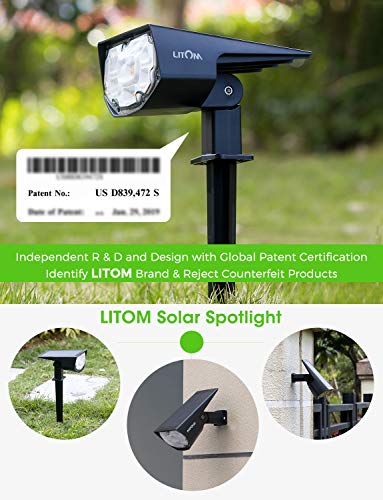 LITOM 12 LED Solar Landscape Spotlights, IP67 Waterproof Solar Powered Wall Lights 2-in-1 Wireless Outdoor Solar Landscaping Light for Yard Garden Driveway Porch Walkway Pool Patio 2 Pack Warm White - Thumbnail 4