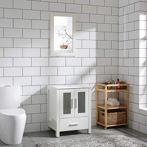 Homecart 24" White Bathroom Vanity Cabinet with Marble Pattern Top Vessel Sink Mirror Faucet and Drain - Thumbnail 6