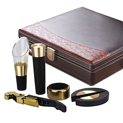 YIMI Classical style Corkscrew Opener Barware Gear Corkscrew Wine Bottle Opener Wine Hippocampus Bottle Opener Five Sets With Locked Leather gift box YMP-5A (Brown)