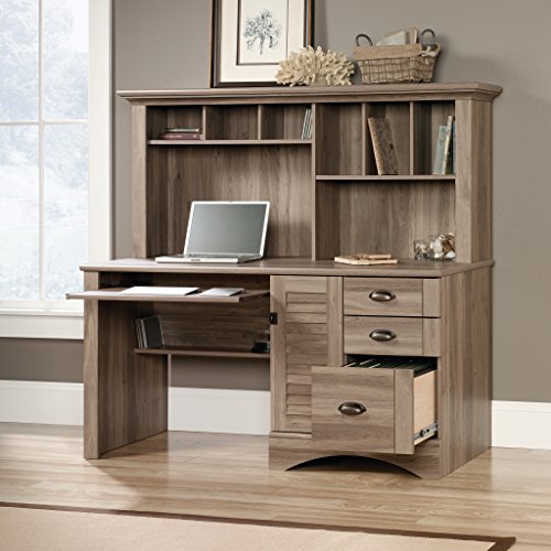 Sauder Harbor View Computer Desk with Hutch, Salt Oak finish - Image 3