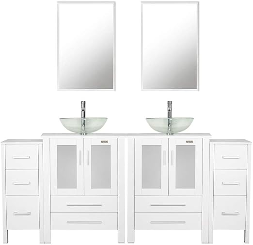 Amazon Com Eclife 72 Bathroom Vanity Sink Combo White W Side Cabinet Vanity Frosted Round Tempered Glass Vessel Sink 1 5 Gpm Water Save Chrome Faucet Solid Brass Pop Up Drain W Mirror 2a16 2b02w