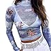 malianna Women Angle Print Perspective Turtleneck Long Sleeve Mesh T-Shirt (S) Blue