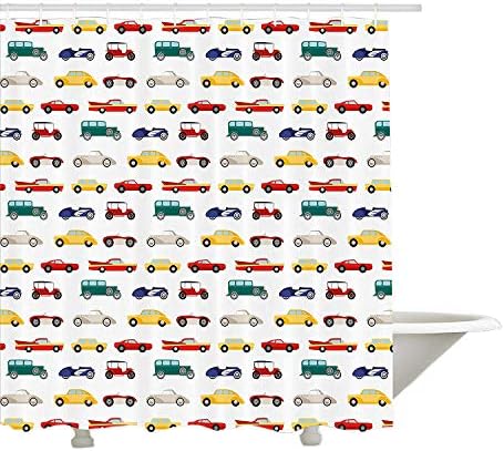 Yeuss Boy's Room Shower Curtain by, Retro Cars Old Fashion Classic Vehicles Transportation Vintage Kids Baby Design, Fabric Bathroom Decor Set with Hooks, Multicolor 72"x72"