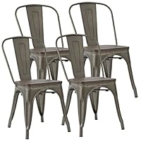 JUMMICO Metal Dining Chair Stackable Industrial Vintage Kitchen Chairs Indoor-Outdoor Bistro Cafe Side Chairs with Back and Wooden Seat Set of 4 (Gun)