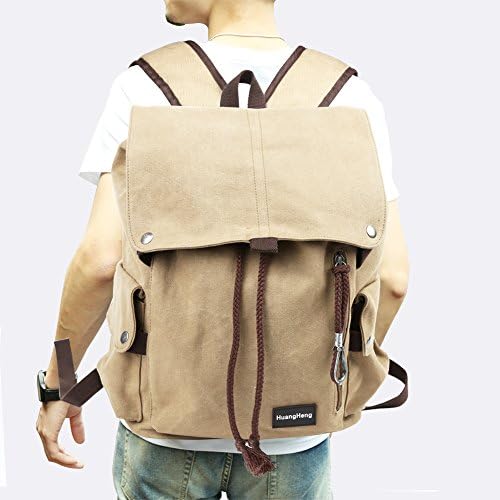 HuangHeng High Density Canvas Backpack Outdoor Hiking Travel Vintage Rucksack with USB Charging Port (Khaki)