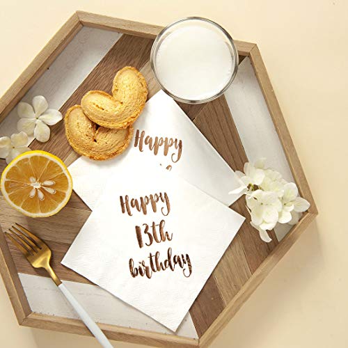 MAGJUCHE Happy 13th Birthday Cocktail Napkins, 50-Pack 3ply White Rose Gold Dinner Celebration Party Decoration Napkin - Thumbnail 4
