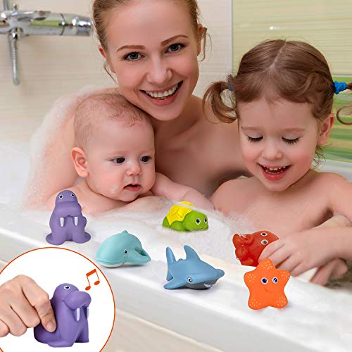 Joyjoz Bath Toys Basketball Hoop & Balls, Bathtub Toys Set with Fishing Net, 3 Basketballs, 6 Marine Animals, 5 Stacking Cups, Storage Bag for Kids & Toddlers Gift