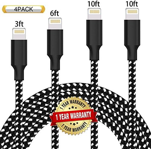 Ulimag Lightning Cable 4Pack 3FT 6FT 10FT 10FT Nylon Braided Certified iPhone Cable USB Cord Charging Charger for iPhone X, 8, 8 Plus, 7, 7 Plus, 6s, 6s Plus, 6, 6 Plus, SE, iPad - Black White