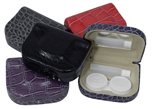 Faux Patent Leather Croco Contact Lens Travel Case Mirror Solution Bottle Brown