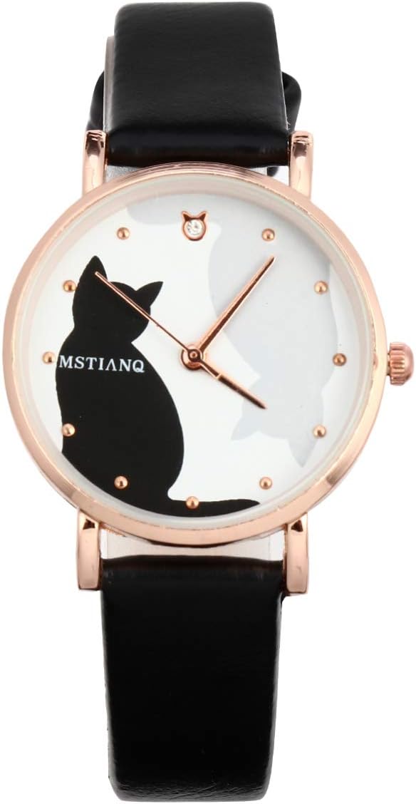UKCOCO Kids Watches for Girls: Analog Quartz Wrist Watch with Cute Cat Patten Soft Leather Band for Girls Age 5-12 Years Old